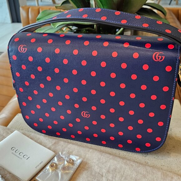 Gucci  Shangai Calfskin Polka Dot Horsebit 1955 Shoulder Bag Blue Orange - Picture 14 of 17